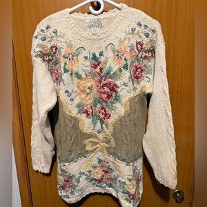 Casual Corner Floral Knit Sweater - Cream and Tan